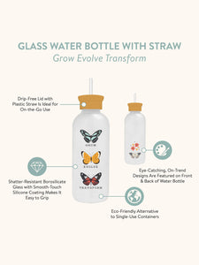 Grow, Evolve, Transform Glass Water Bottle w/ Straw