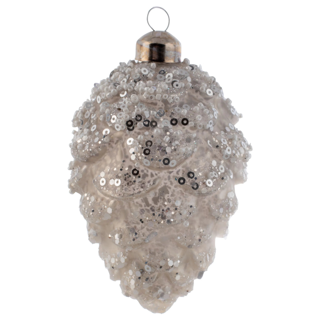 Snow Beaded Large Glass Pinecone Ornament